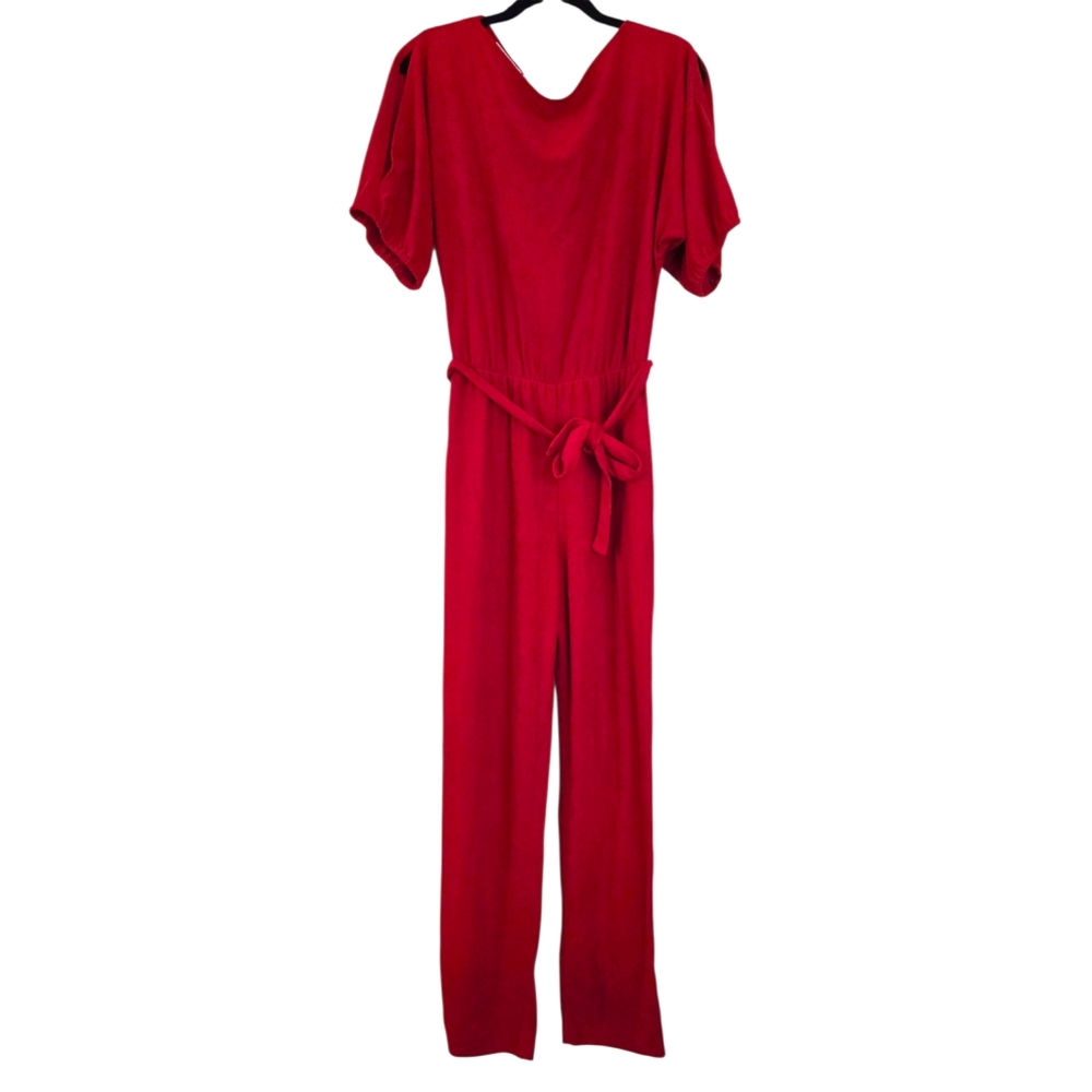Algo Ettes Vintage Red‎ Terrycloth Tie Waist Cold Shoulder Jumpsuit